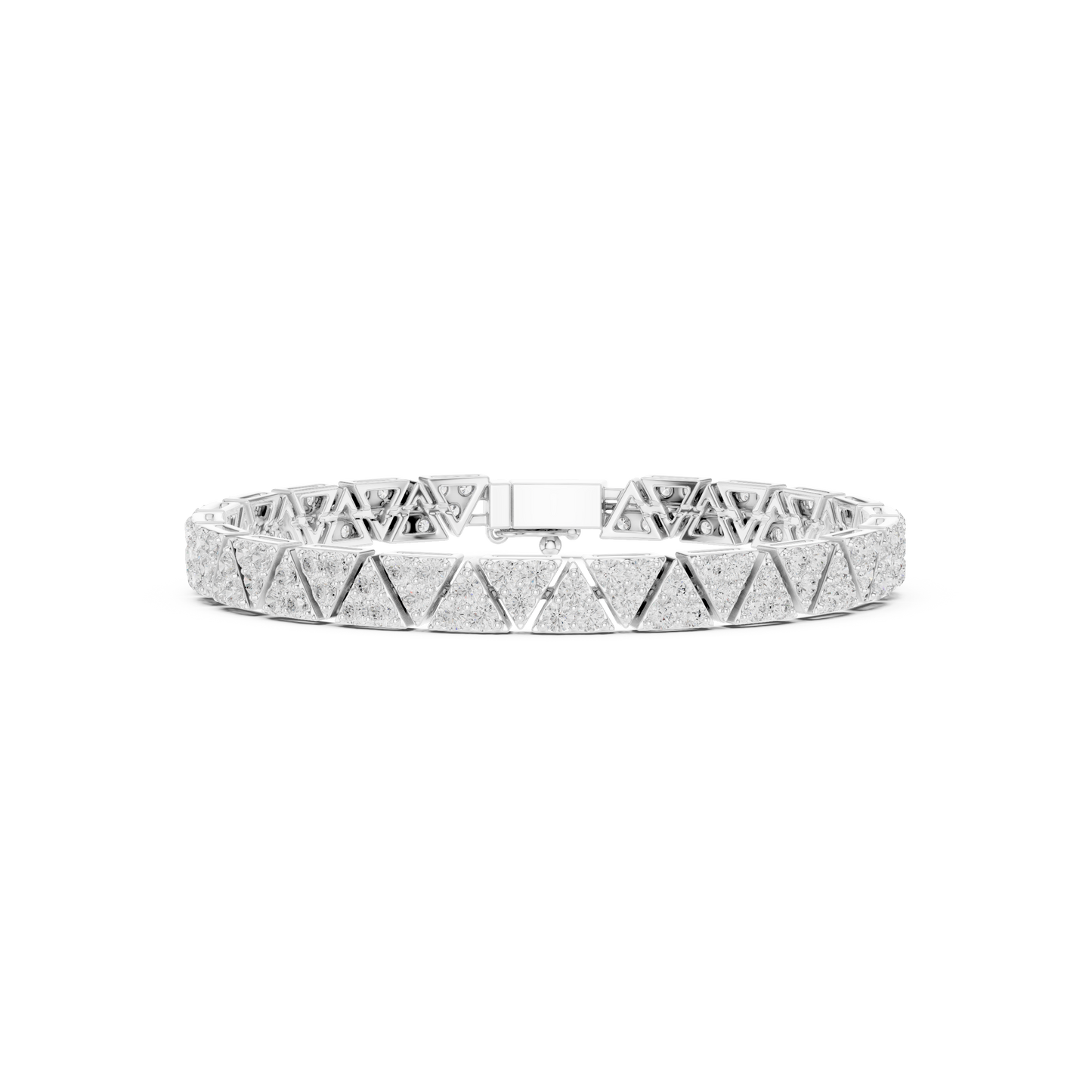 Triangle-shaped diamond tennis bracelet featuring continuous triangular-cut diamonds