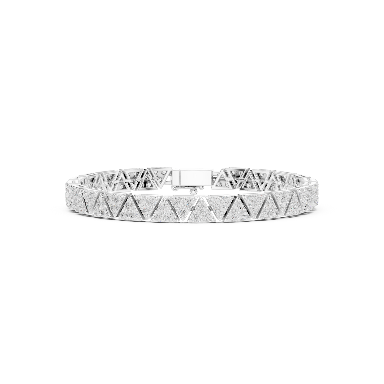 Triangle-shaped diamond tennis bracelet featuring continuous triangular-cut diamonds