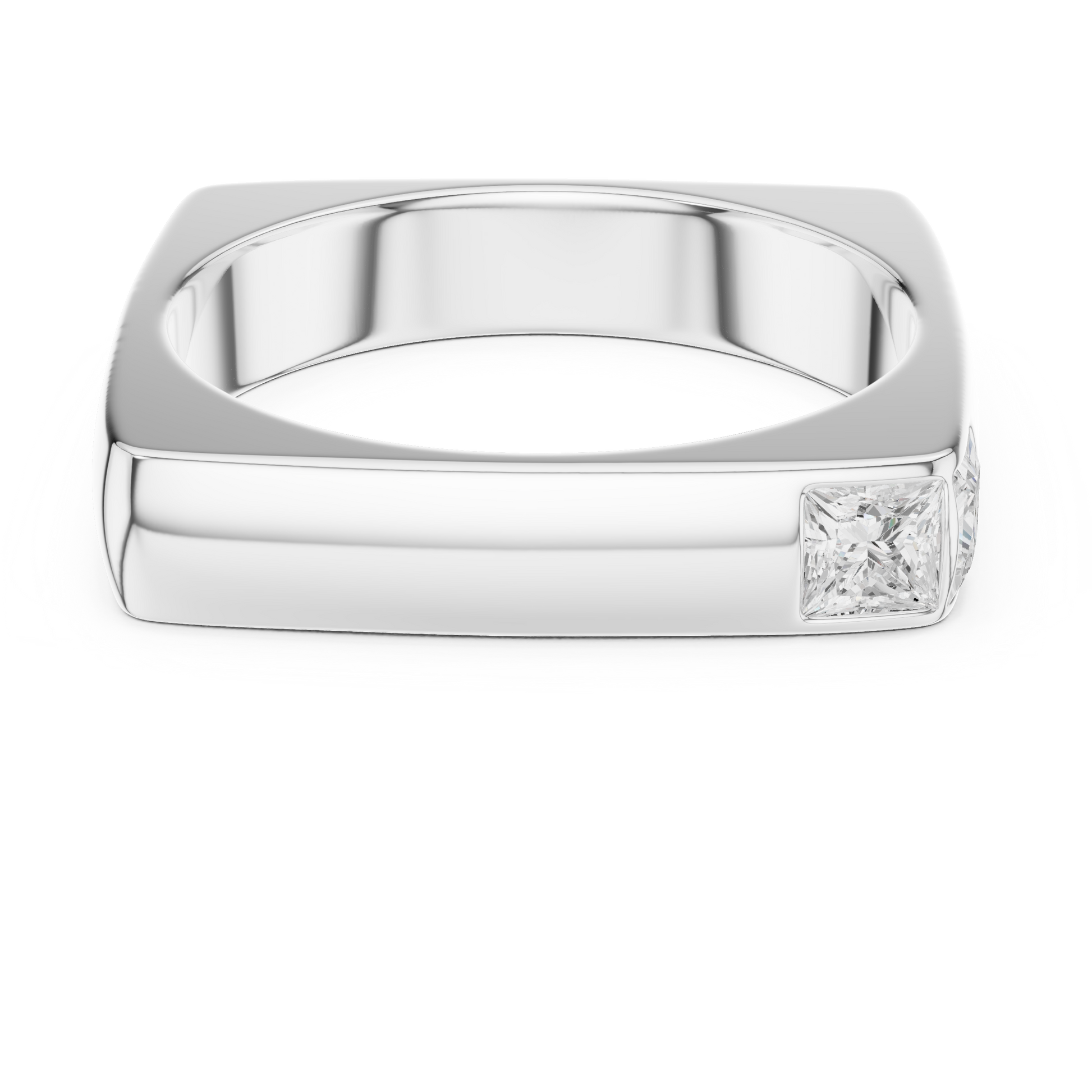 Men’s ring featuring a square princess-cut center stone set in a polished precious metal band