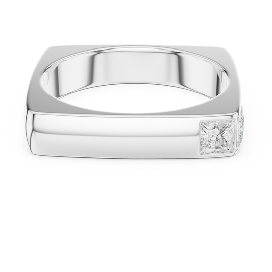 Men’s ring featuring a square princess-cut center stone set in a polished precious metal band