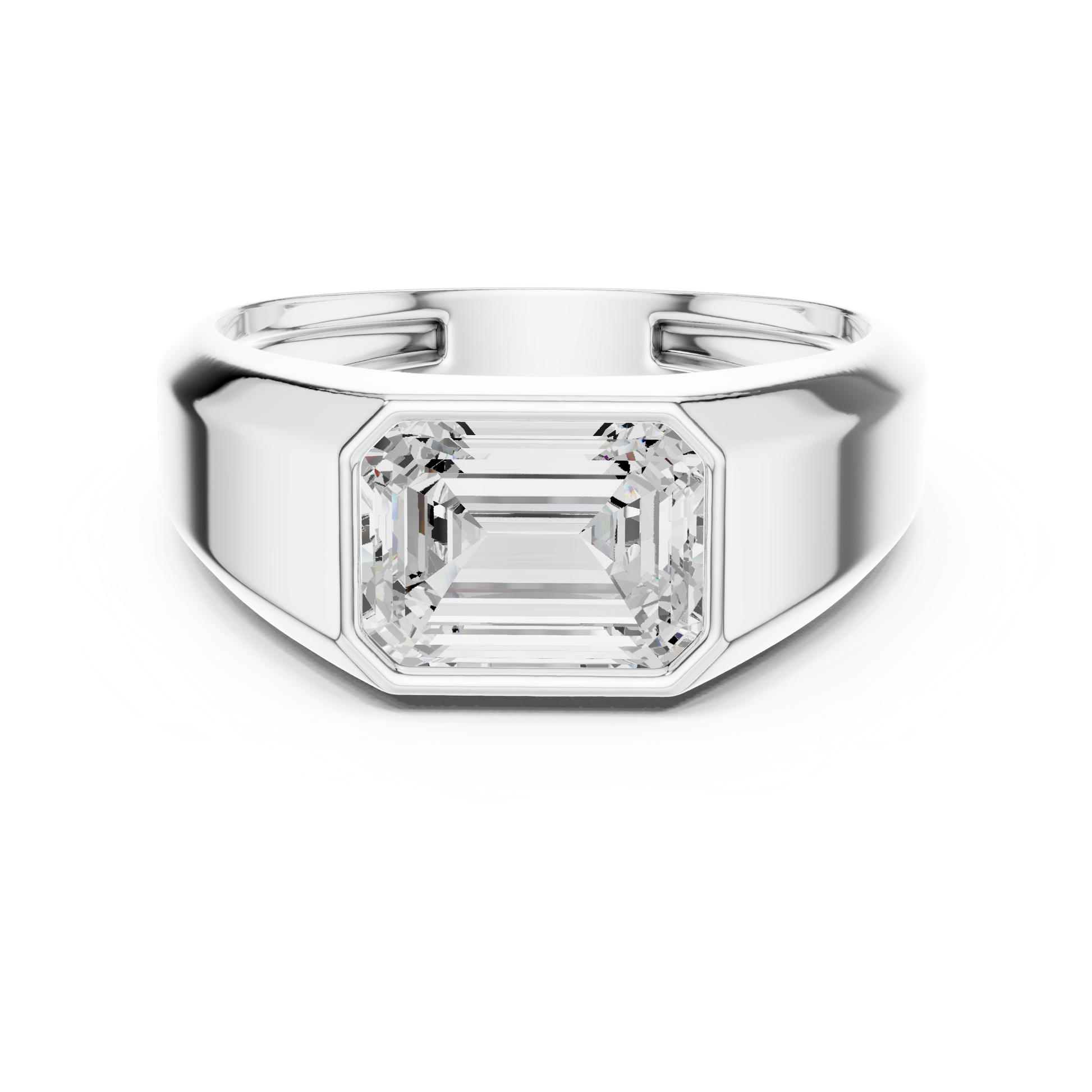 Men’s signet ring featuring an emerald-cut center stone set in a polished precious metal finish