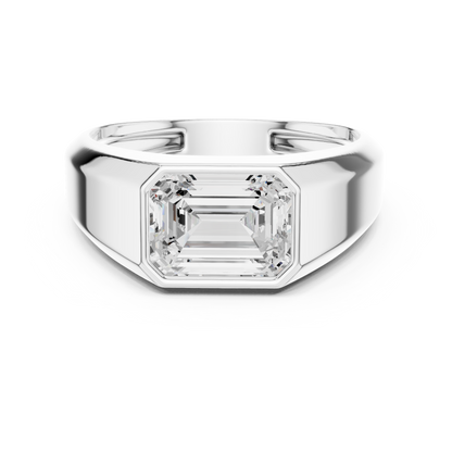 Men’s signet ring featuring an emerald-cut center stone set in a polished precious metal finish