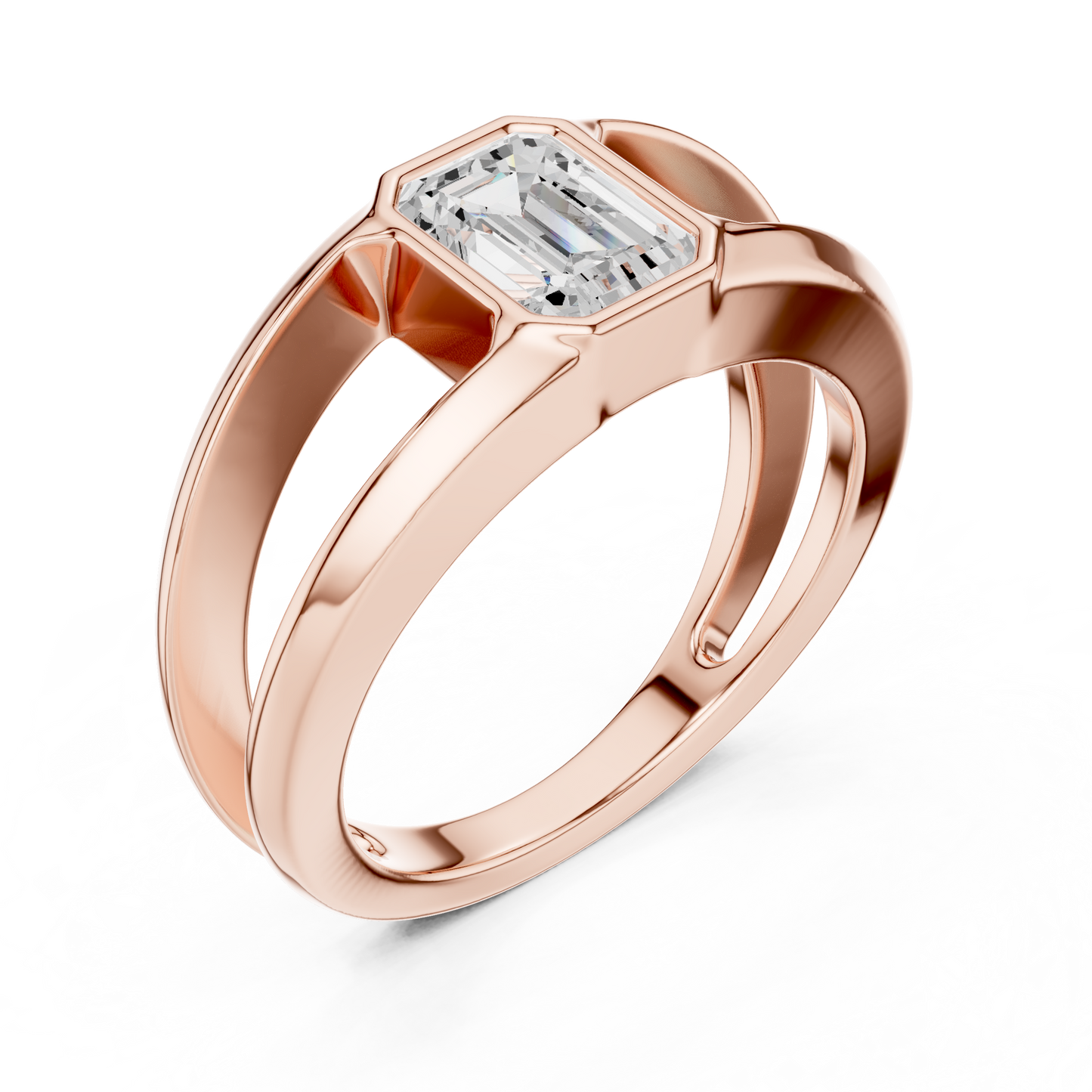 Emerald-Cut Solitaire Diamond Ring | Split Crossover Double Band