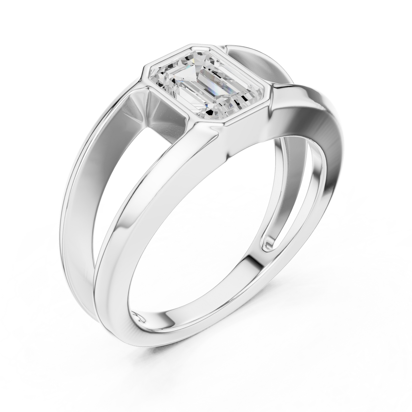 Emerald-Cut Solitaire Diamond Ring | Split Crossover Double Band
