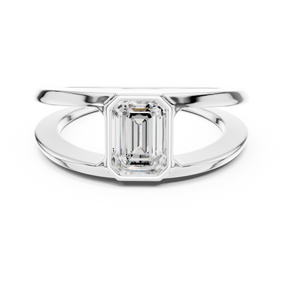 Emerald-cut solitaire diamond ring featuring a split crossover double band in a high-polish precious metal finish