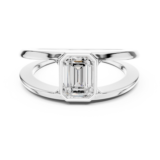 Emerald-cut solitaire diamond ring featuring a split crossover double band in a high-polish precious metal finish