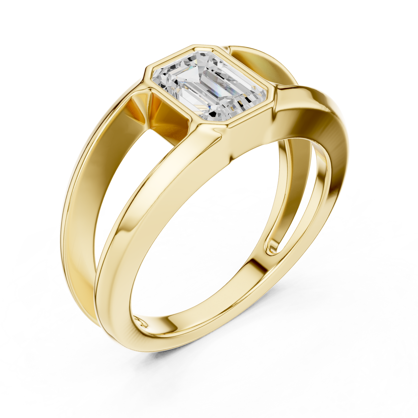 Emerald-Cut Solitaire Diamond Ring | Split Crossover Double Band