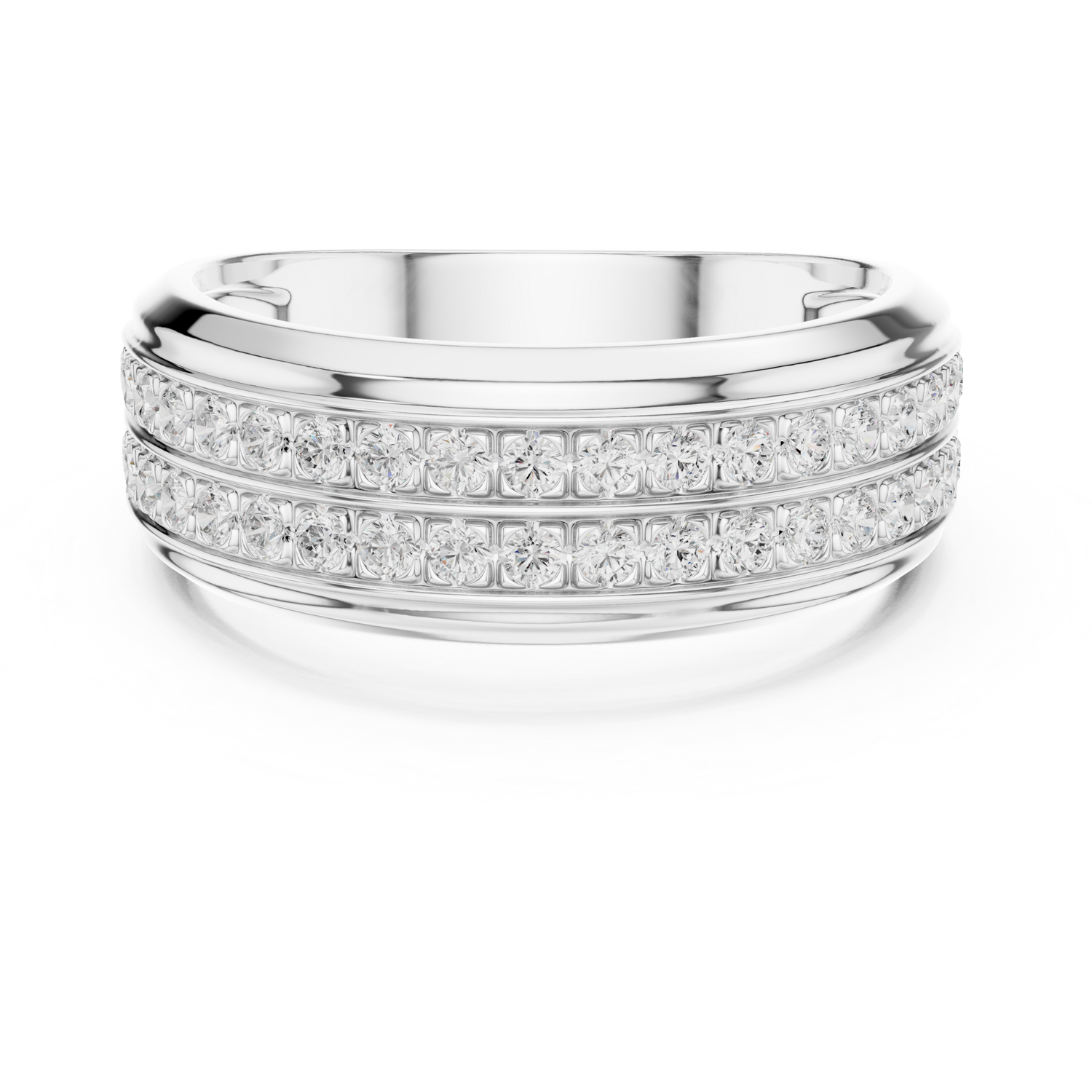 Double row diamond ring featuring two parallel pavé-set diamond bands in a high-polish finish