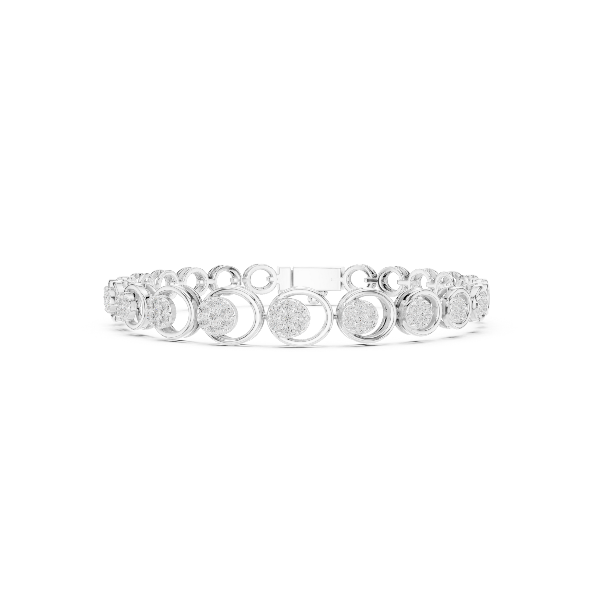 Round rose-cut diamond bracelet featuring diamonds in a miracle plate setting within open wheel links on polished precious metal