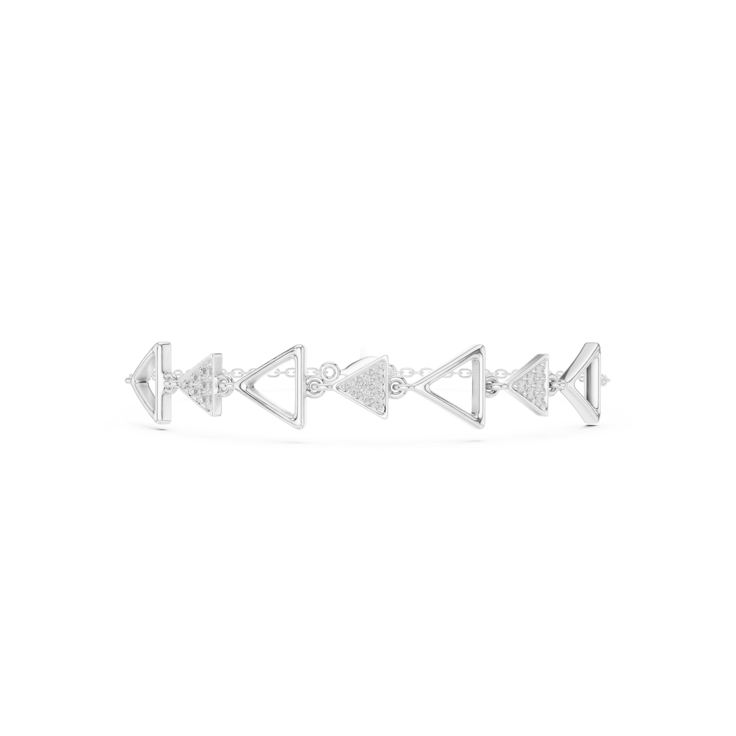 Sterling silver geometric bracelet featuring polished triangle charms on a delicate chain