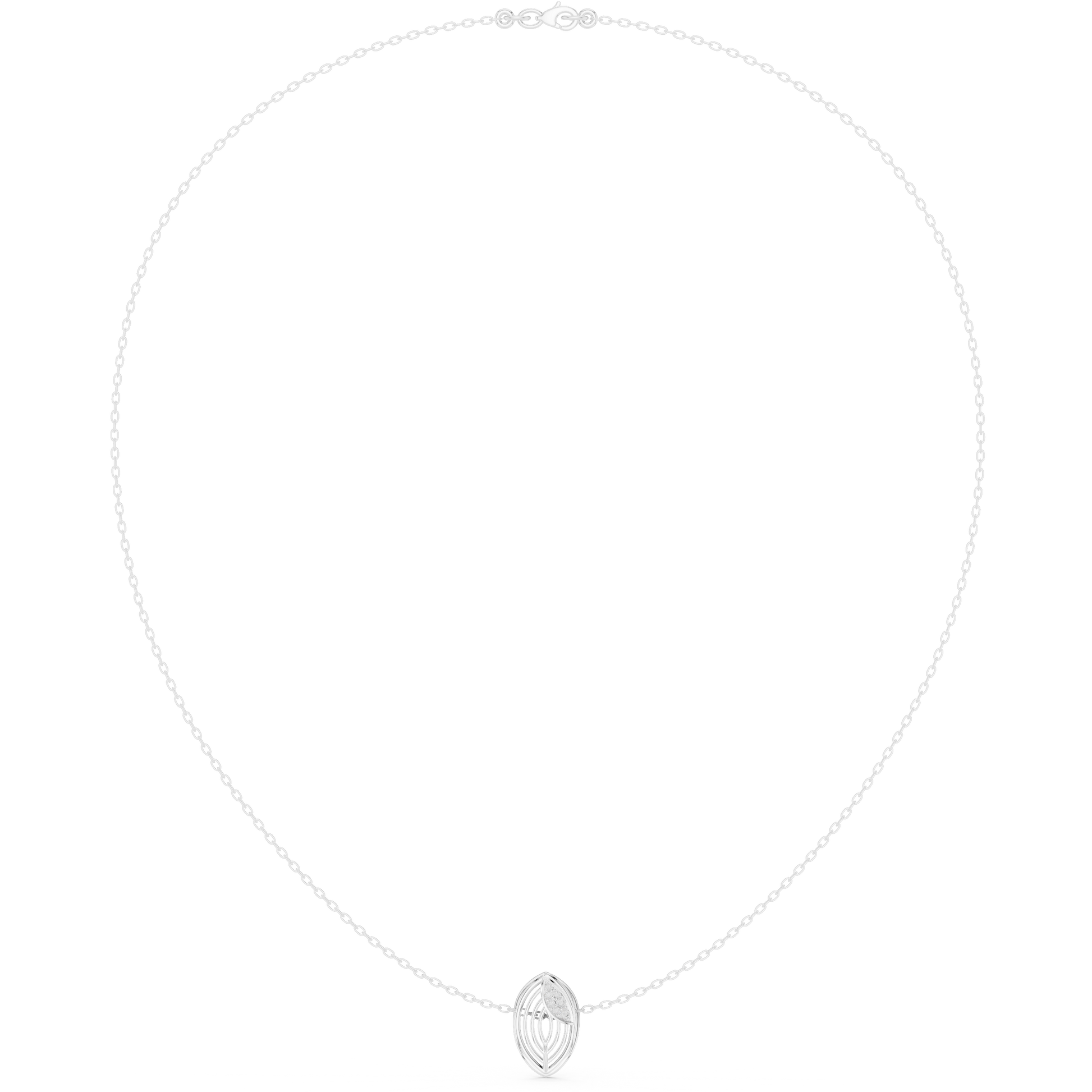 Chain necklace featuring a small marquise or oval-shaped diamond pendant on a delicate chain