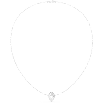 Chain necklace featuring a small marquise or oval-shaped diamond pendant on a delicate chain