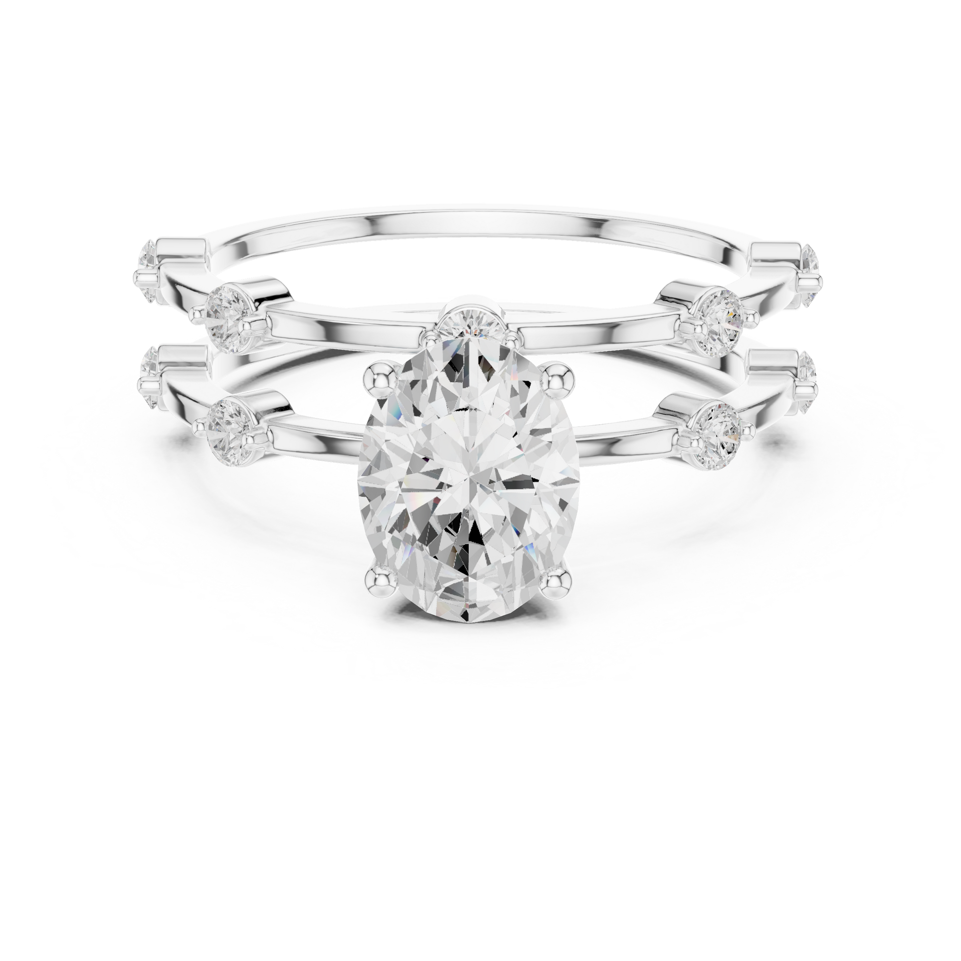 Oval lab-grown diamond engagement ring with matching wedding band in 935 silver

Elegant bridal set featuring oval engagement ring and coordinated wedding band

Modern oval diamond engagement and wedding ring set in white gold