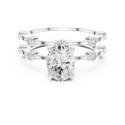 Oval lab-grown diamond engagement ring with matching wedding band in 935 silver

Elegant bridal set featuring oval engagement ring and coordinated wedding band

Modern oval diamond engagement and wedding ring set in white gold