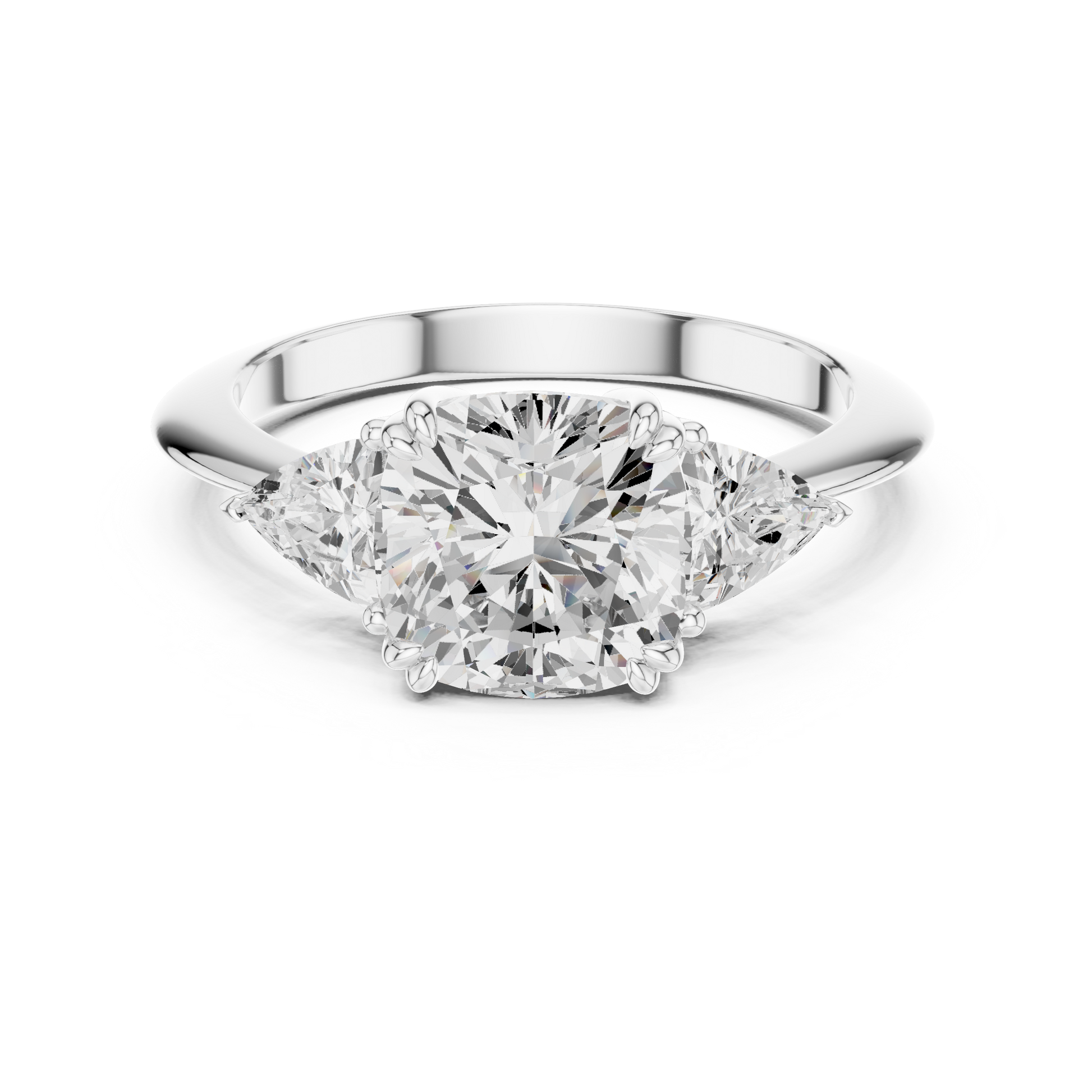 Three-stone engagement ring with cushion center diamond and two trillion side diamonds in white metal

Elegant cushion and trillion-cut diamond ring in 935 silver

Modern three-stone engagement ring featuring cushion center and trillion side diamonds