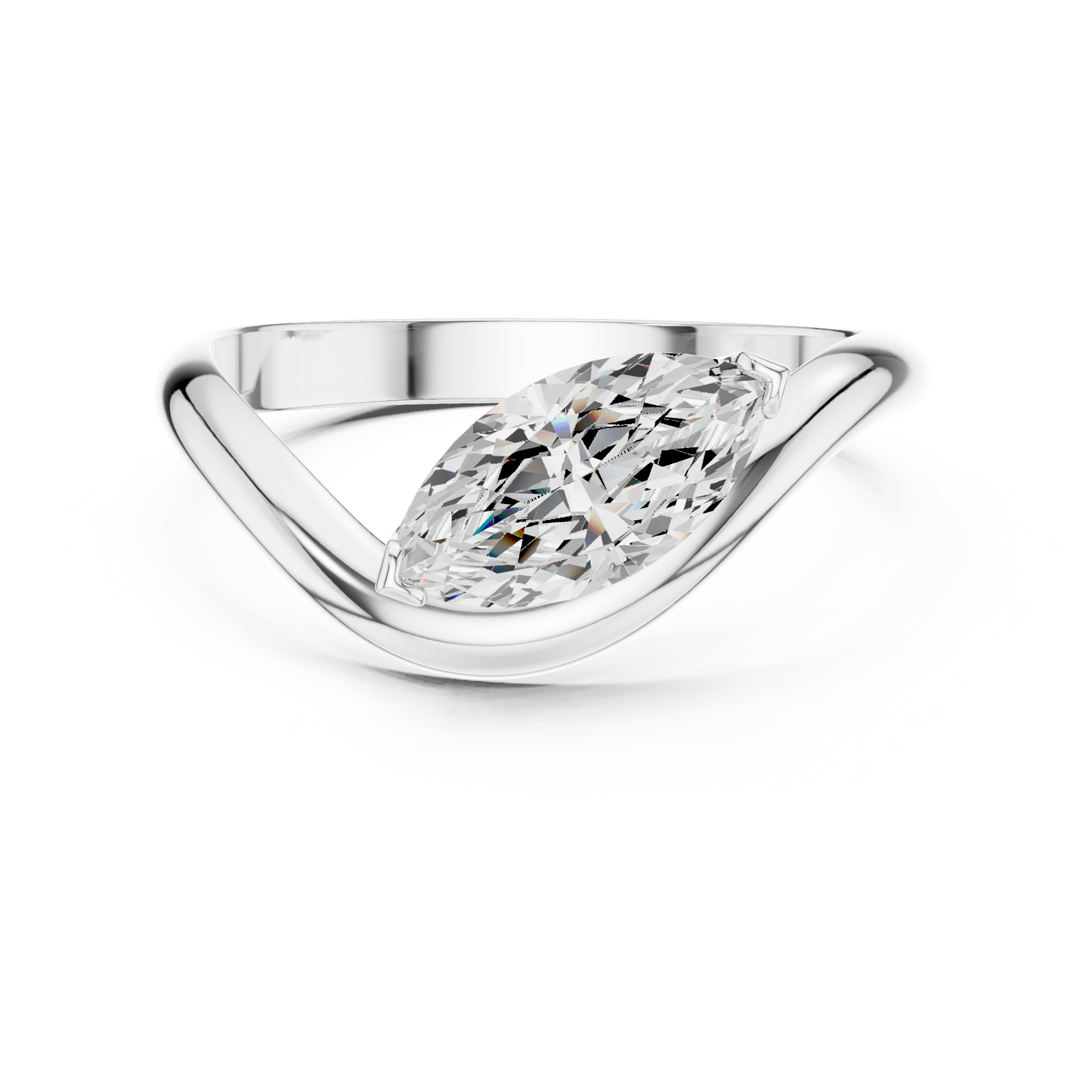 Silver ring with a large diamond on a white background