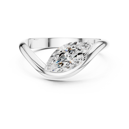 Silver ring with a large diamond on a white background