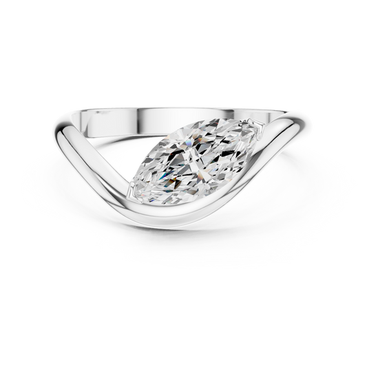 Silver ring with a large diamond on a white background