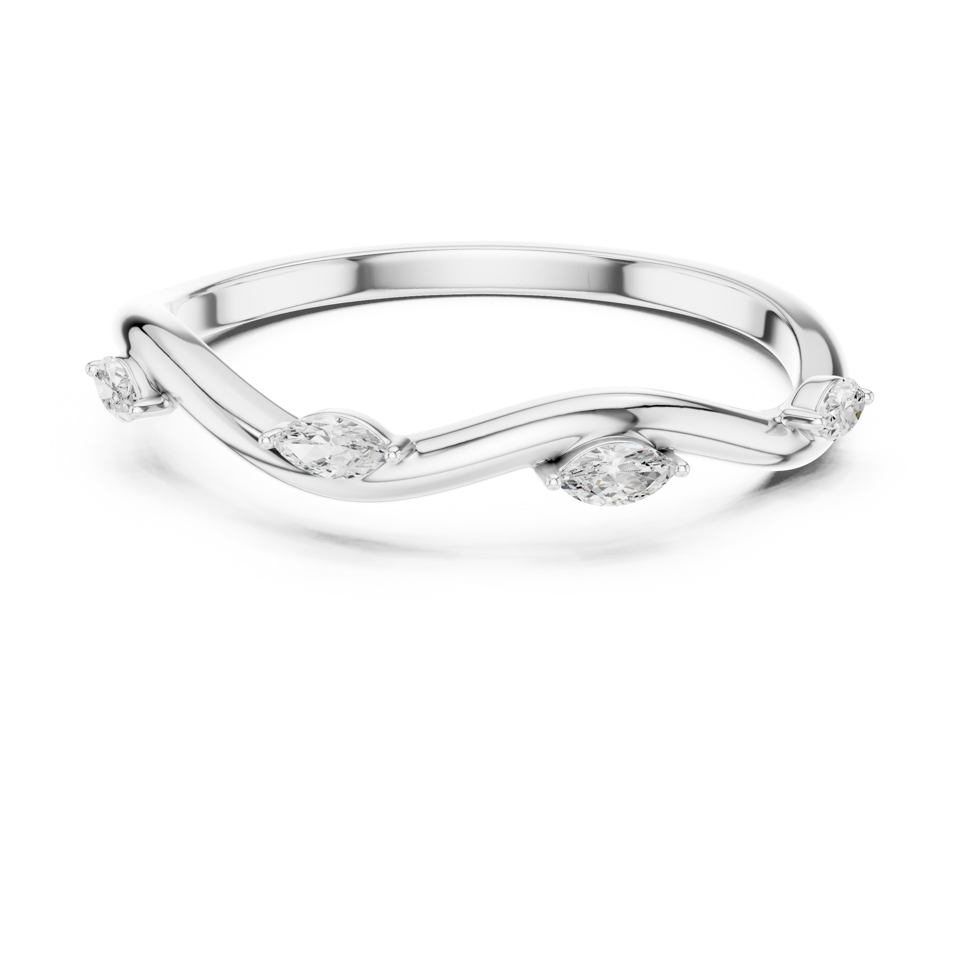 Marquise diamond open gap wedding band in white gold

Elegant white gold wedding band featuring marquise diamonds

Modern bridal ring with open gap design and marquise-cut diamonds
