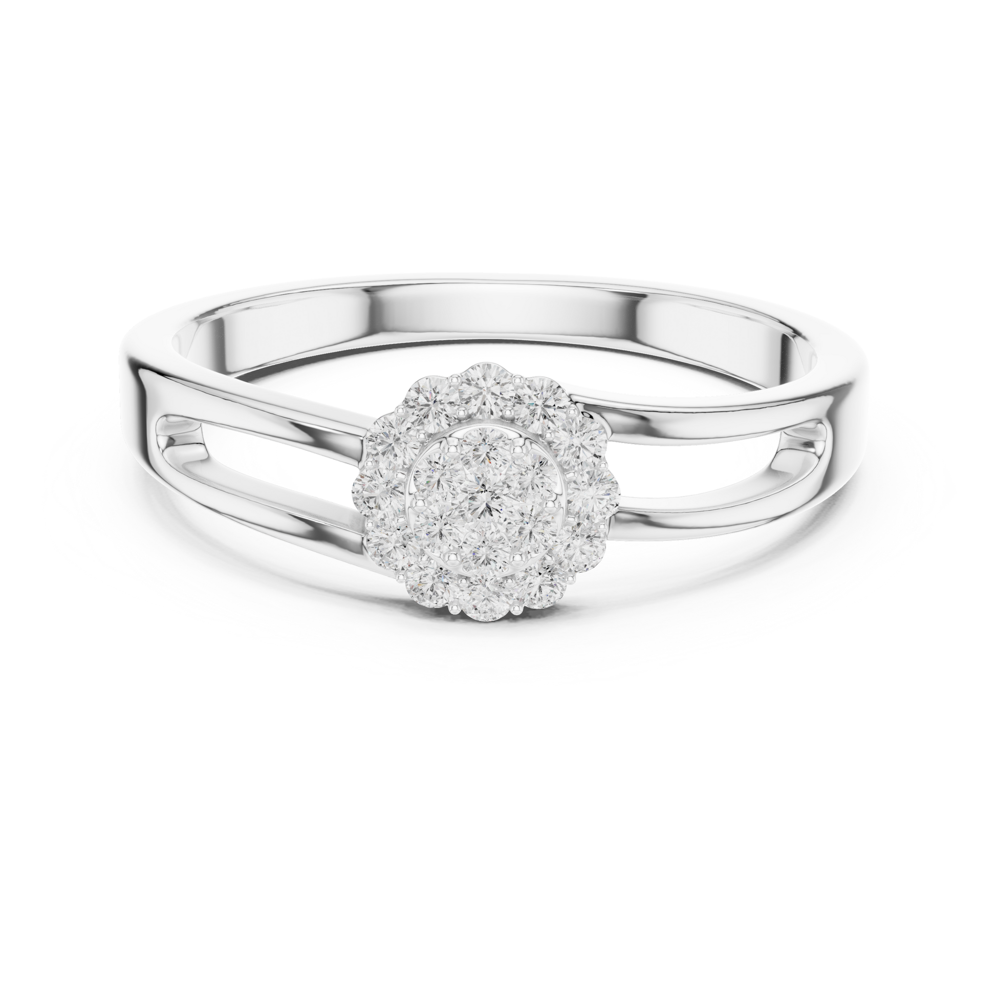 Silver ring with a diamond cluster on a white background
