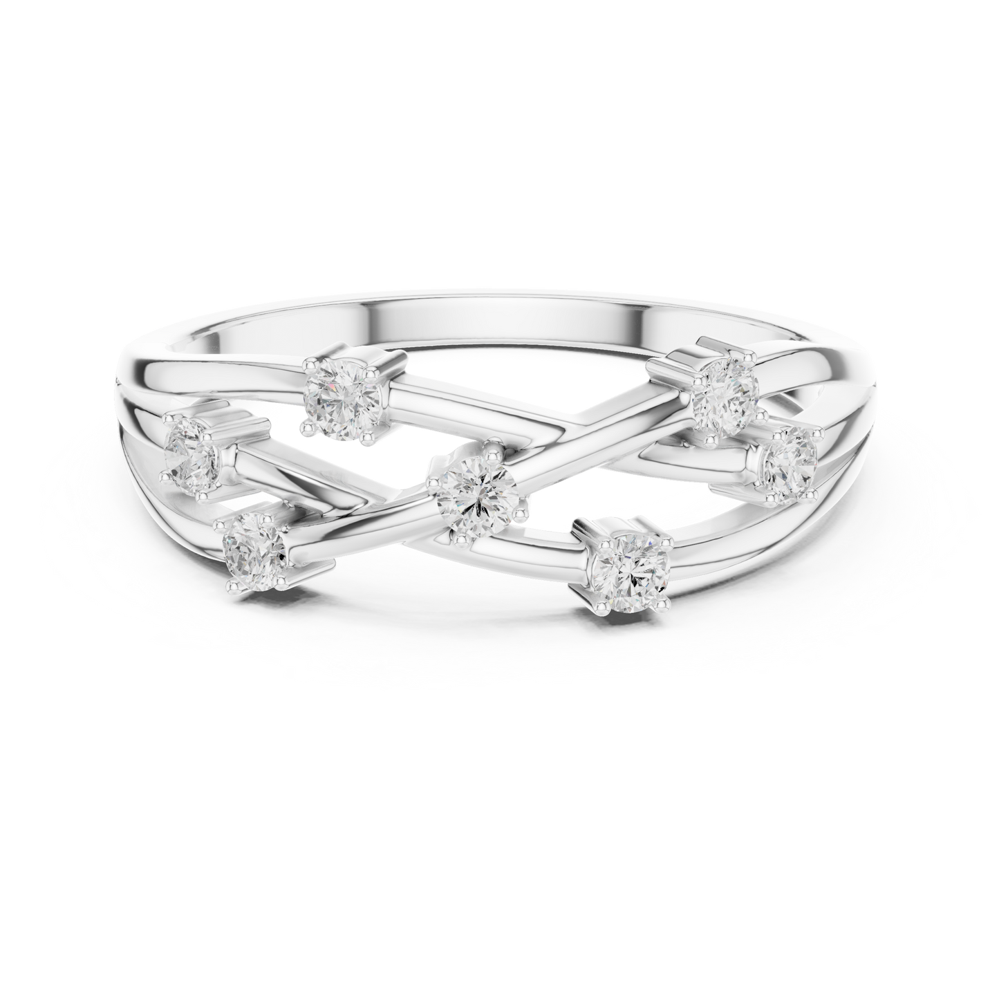 Silver ring with diamond accents on a white background