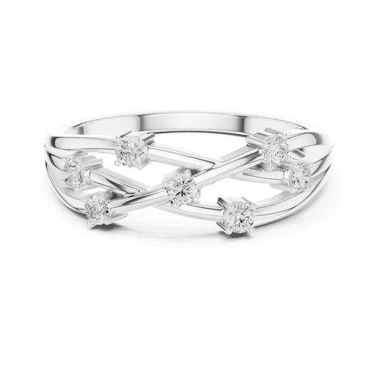 Silver ring with diamond accents on a white background