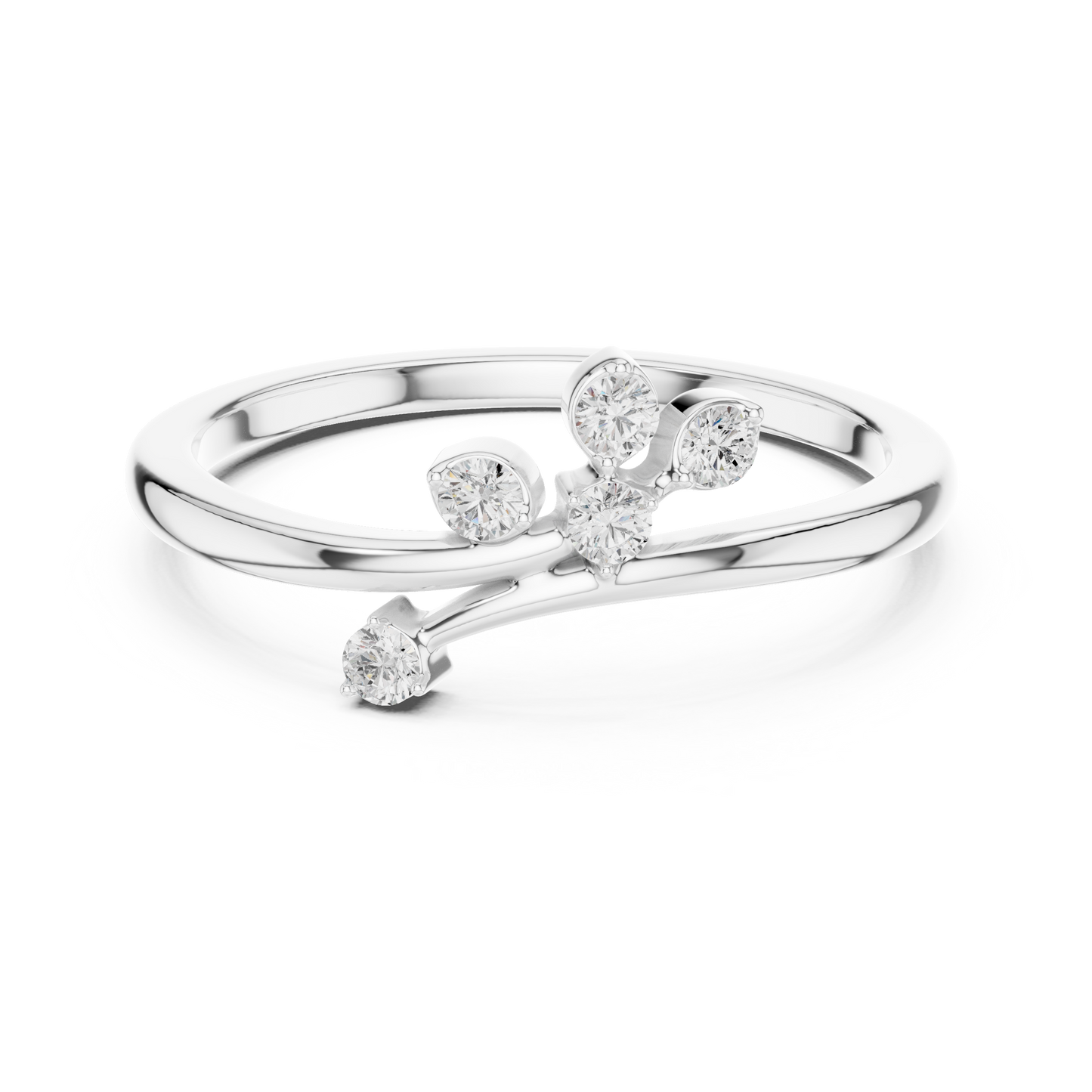Silver ring with diamond accents on a white background