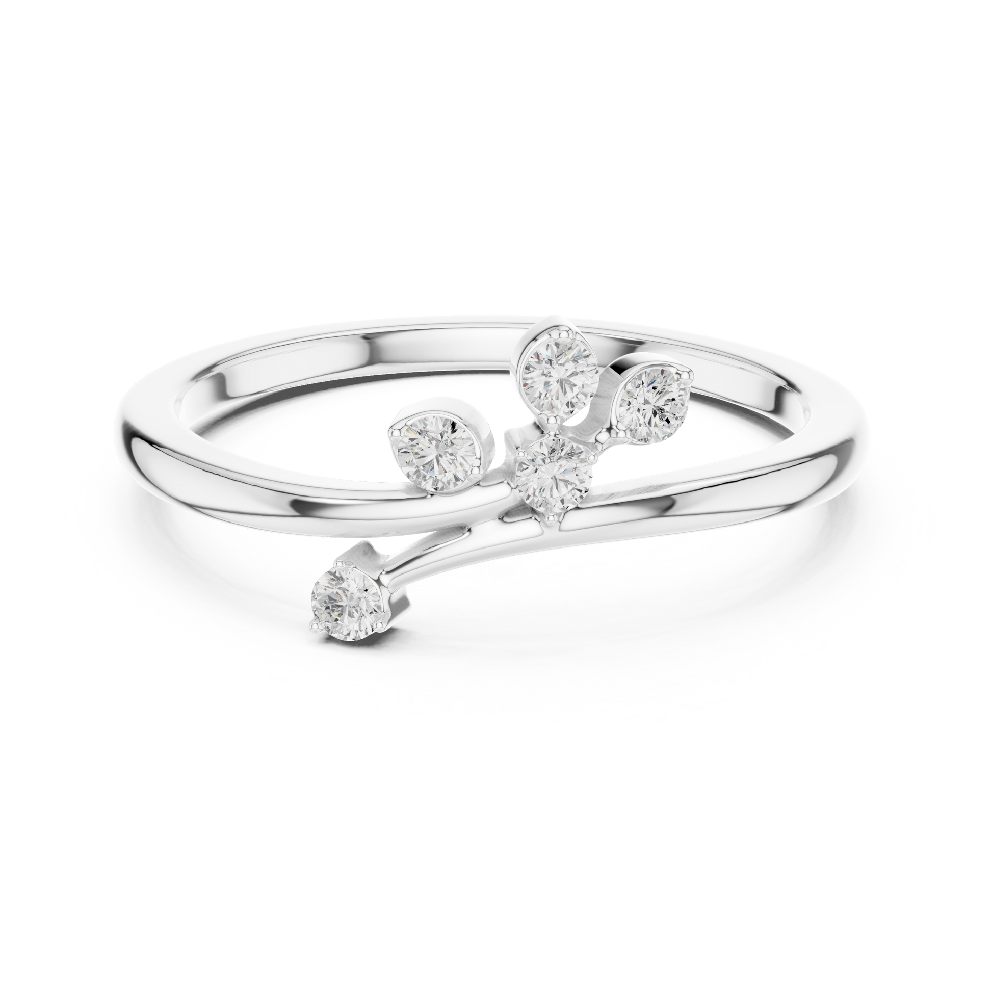 Silver ring with diamond accents on a white background
