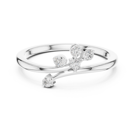 Silver ring with diamond accents on a white background