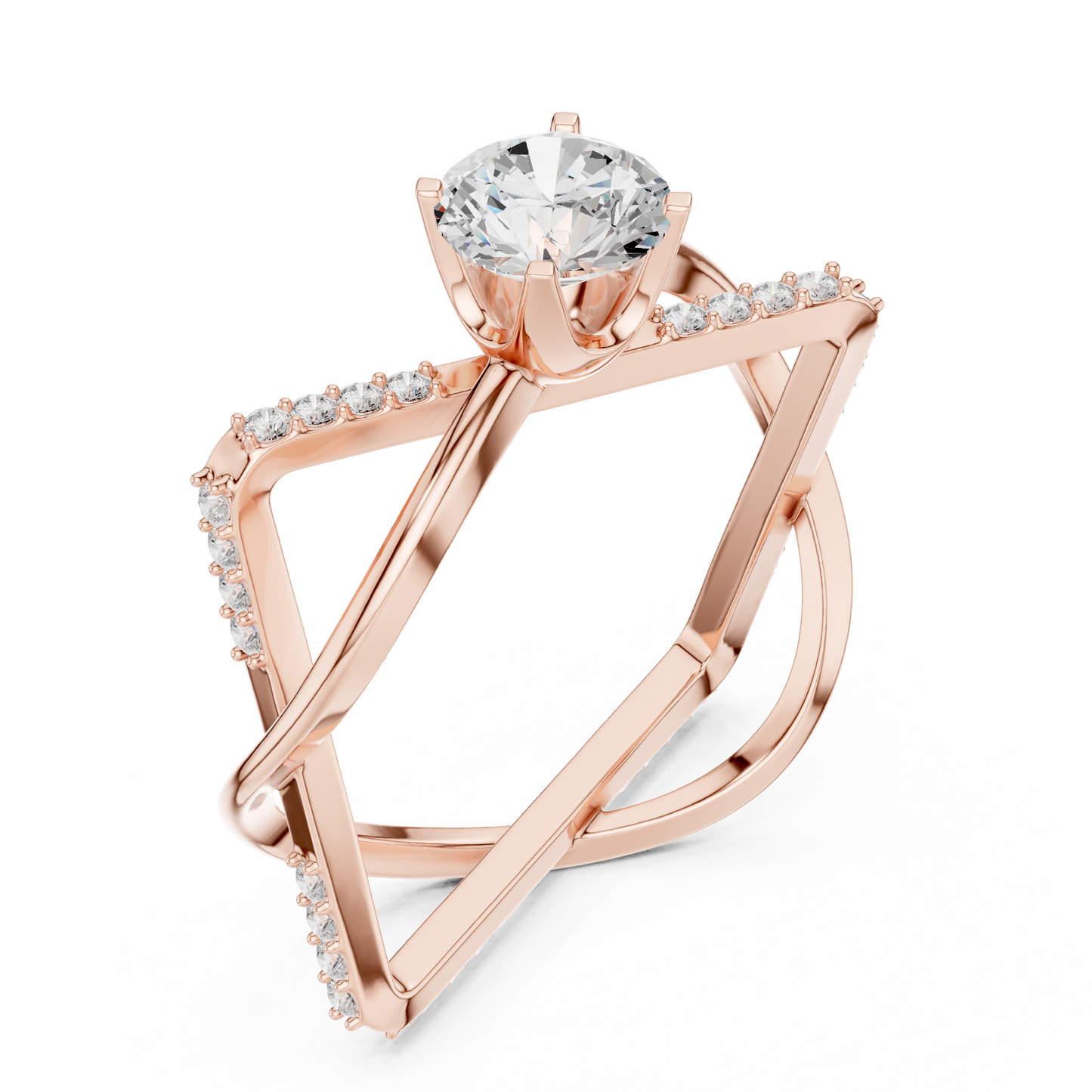 Bypass Diamond Engagement Ring | Round Center Stone with Pavé Accents