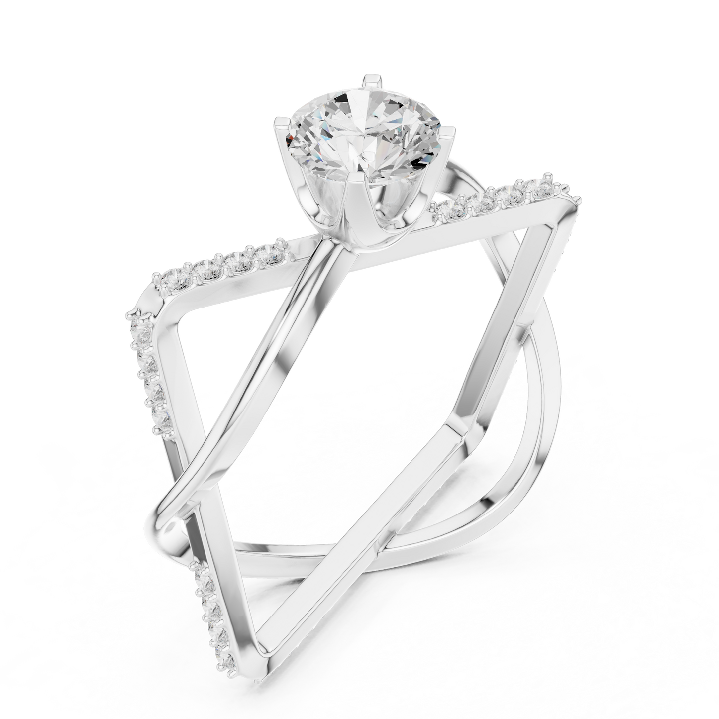 Bypass Diamond Engagement Ring | Round Center Stone with Pavé Accents