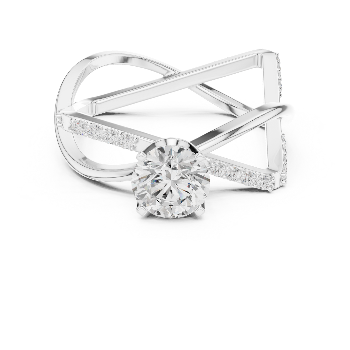 Bypass diamond engagement ring featuring a round center stone with pavé diamond accents in high-polish gold or silver