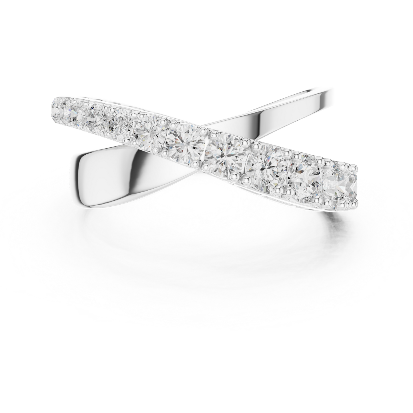 Diamond crossover ring featuring two intertwining bands adorned with sparkling diamonds
