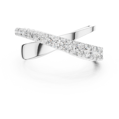 Diamond crossover ring featuring two intertwining bands adorned with sparkling diamonds