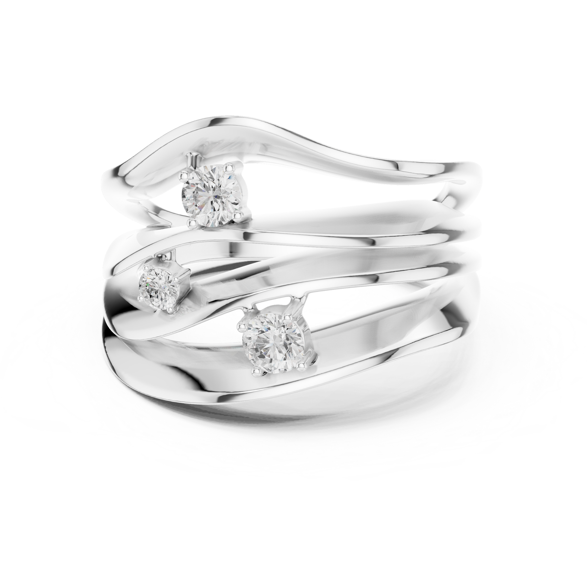 Diamond bypass ring featuring two overlapping curved bands adorned with sparkling diamonds