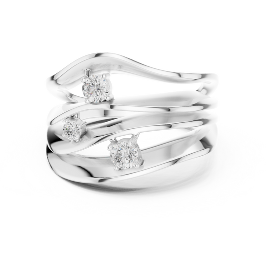 Diamond bypass ring featuring two overlapping curved bands adorned with sparkling diamonds