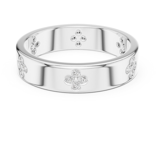 Clover band ring featuring a polished band with a delicate clover motif