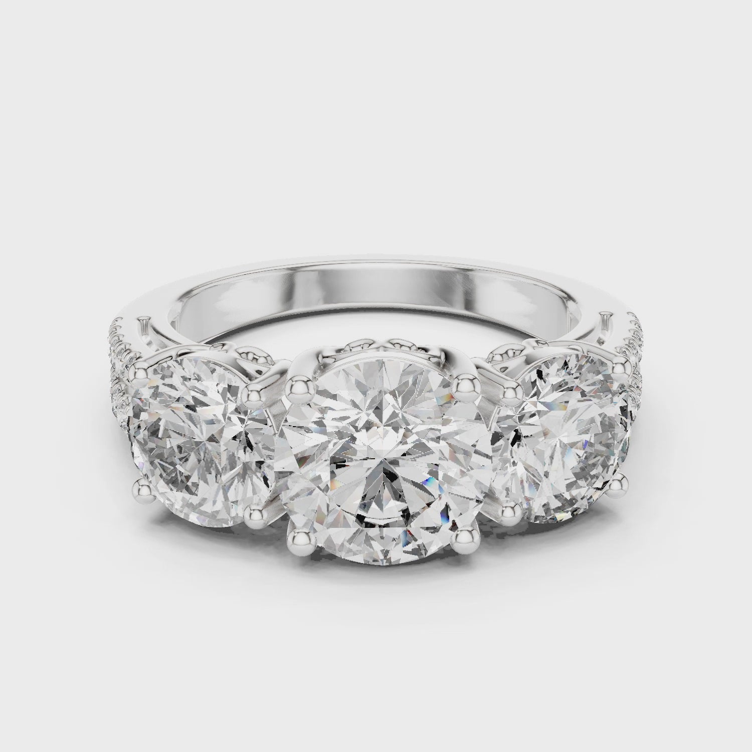 Three-stone diamond engagement ring in white gold

Lab-grown diamond trilogy engagement ring

Classic three-stone diamond ring for women