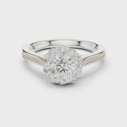 Floral halo lab-grown diamond engagement ring

Hydrangea-inspired round diamond halo ring

Romantic round diamond engagement ring with floral halo