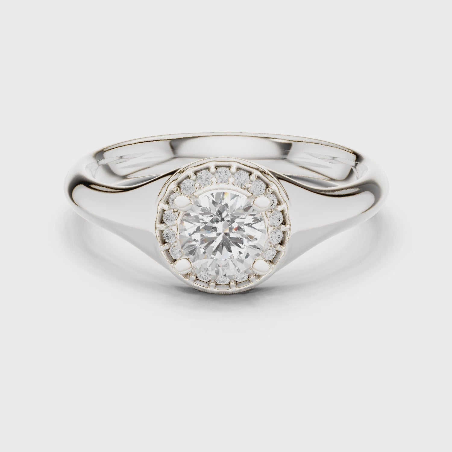 Round lab-grown diamond halo engagement ring in white gold

Elegant women’s engagement ring featuring round center and pavé halo

Classic bridal ring with halo of sparkling accent diamonds