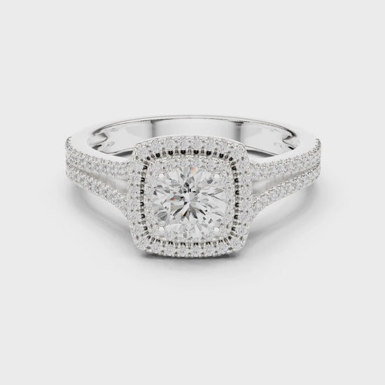 Cushion-cut diamond double halo engagement ring with split-shank band

Lab-grown diamond center with double halo and pavé split-shank

Elegant bridal engagement ring with cushion-cut center and sparkling double halo