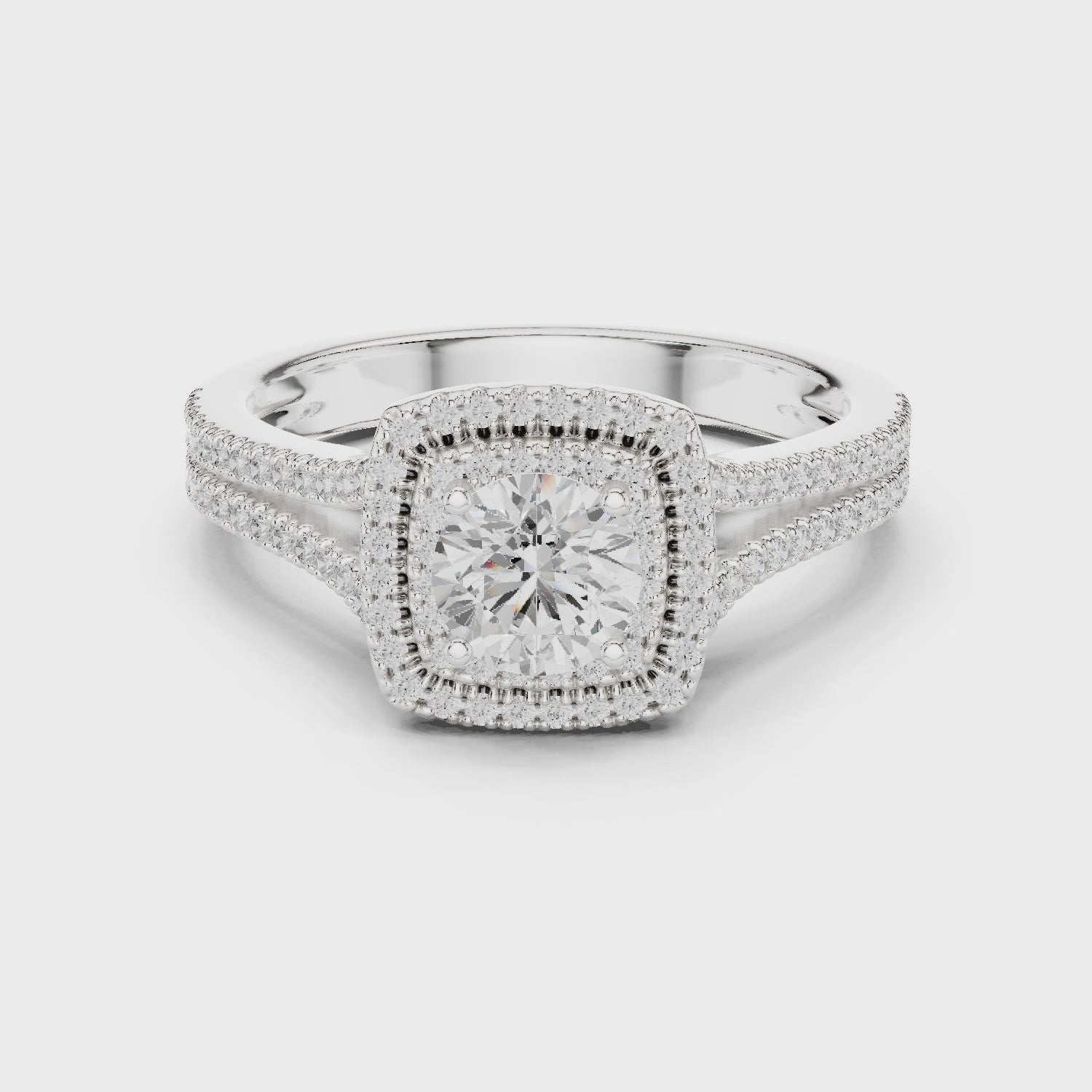Cushion-cut diamond double halo engagement ring with split-shank band

Lab-grown diamond center with double halo and pavé split-shank

Elegant bridal engagement ring with cushion-cut center and sparkling double halo