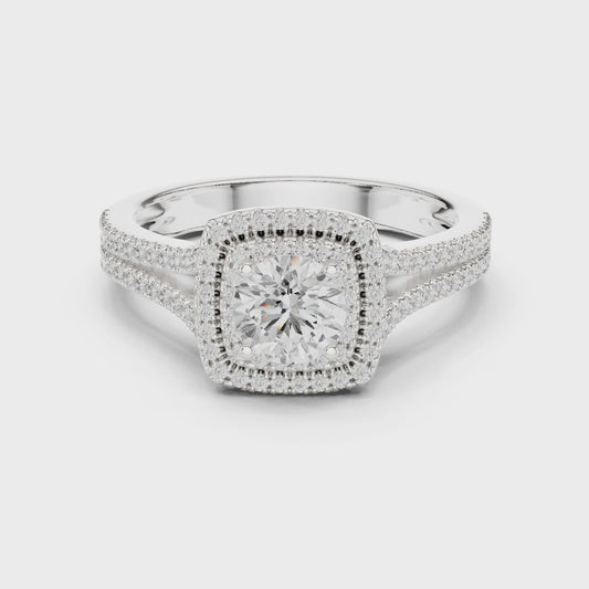 Cushion-cut diamond double halo engagement ring with split-shank band

Lab-grown diamond center with double halo and pavé split-shank

Elegant bridal engagement ring with cushion-cut center and sparkling double halo