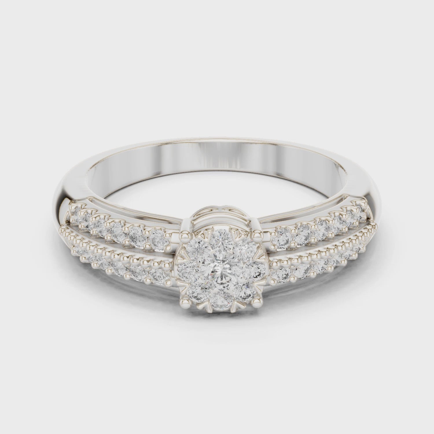 Diamond cluster engagement ring with pavé band

Lab-grown diamond cluster ring in white gold

Pavé diamond engagement ring close-up