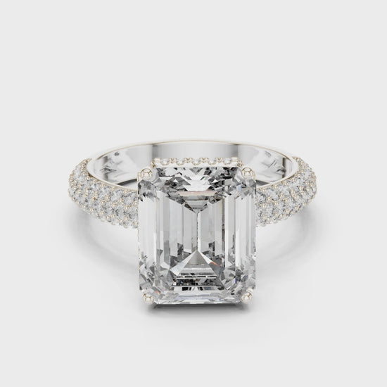 emerald cut engagement ring, triple-row pavé band ring, lab-grown diamond engagement ring, bridal emerald-cut ring, women fine jewelry ring, gold diamond engagement ring