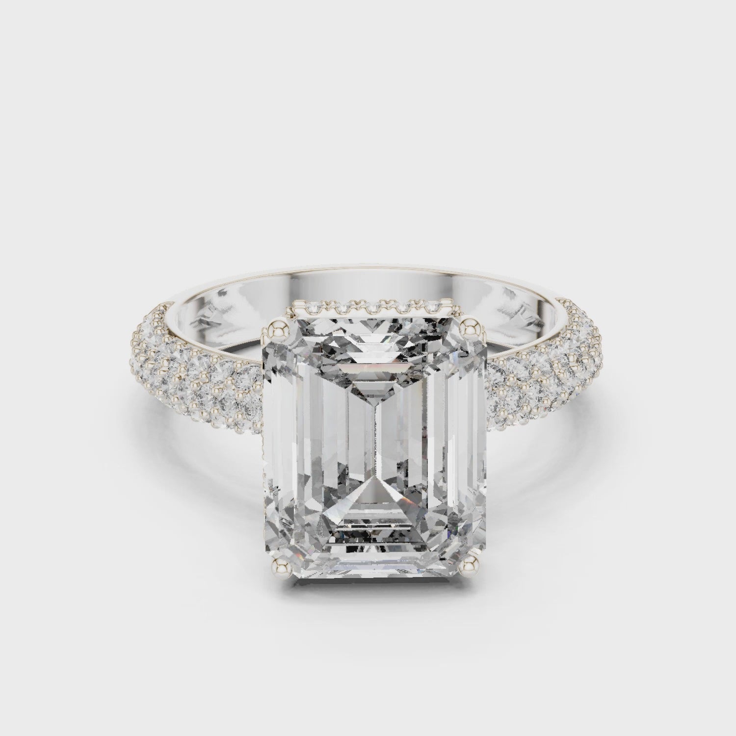 emerald cut engagement ring, triple-row pavé band ring, lab-grown diamond engagement ring, bridal emerald-cut ring, women fine jewelry ring, gold diamond engagement ring