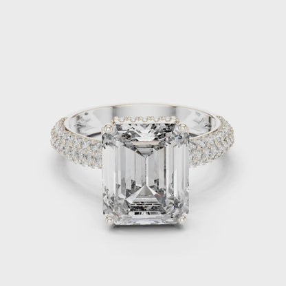 emerald cut engagement ring, triple-row pavé band ring, lab-grown diamond engagement ring, bridal emerald-cut ring, women fine jewelry ring, gold diamond engagement ring