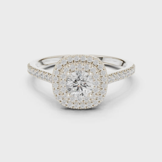 Double halo diamond engagement ring in white gold

Lab-grown diamond center with double halo design

Elegant bridal engagement ring with sparkling double halo