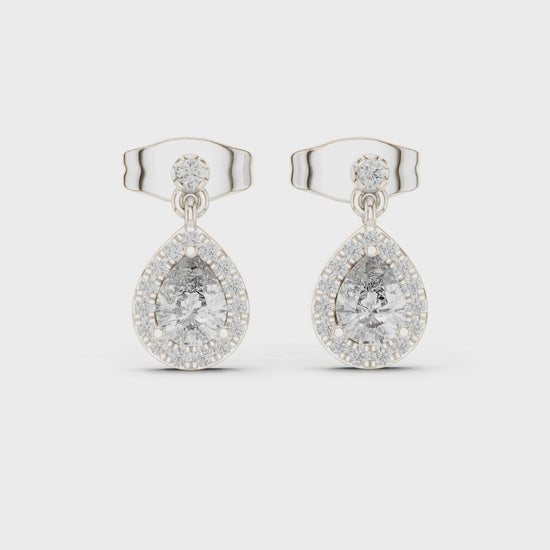 Pear-shaped lab-grown diamond halo drop earrings

Pear-cut diamond halo drop earrings in white metal

Elegant pear halo diamond drop earrings for women