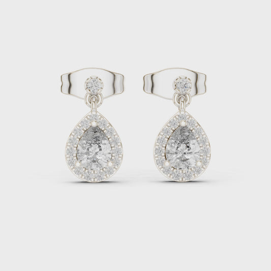 Pear-shaped lab-grown diamond halo drop earrings

Pear-cut diamond halo drop earrings in white metal

Elegant pear halo diamond drop earrings for women
